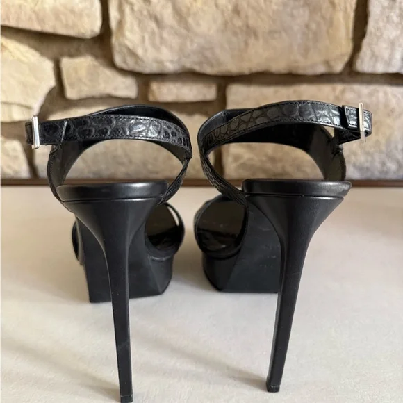 Black Croc-Embossed Leather Women's Sandals - Picture 7 of 12